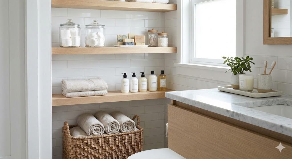 Organized bathroom with sorted products
