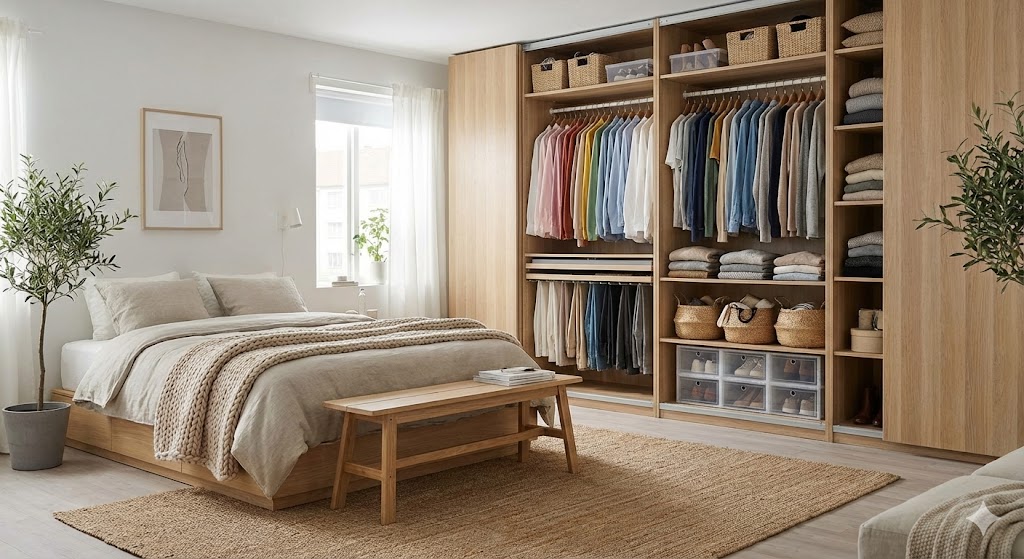 Organized bedroom with open wardrobe