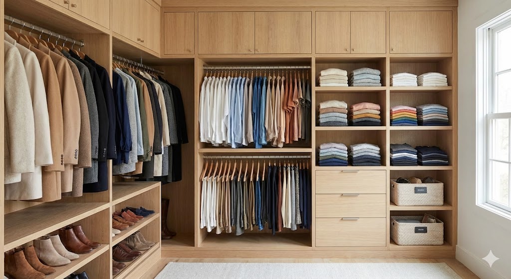 Organized wardrobe with sorted clothing