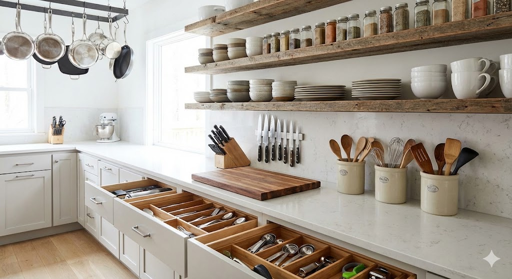 Organized kitchen with sorted utensils